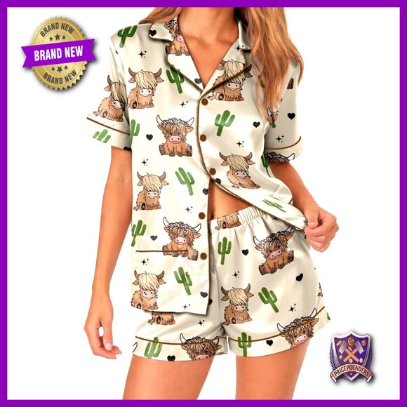 Silk Satin Pajama Set Short Sleeve Button Down 2 Piece PJs Small